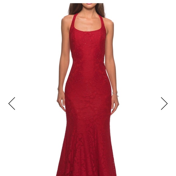 La Femme Red Square Neck Floral Lace Racerback Mermaid Prom Gown - Picture 1 of 4